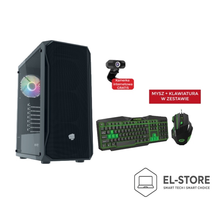 Komputer stacjonarny Pricemax DX4 z podświetleniem RGB i myszką w zestawie.